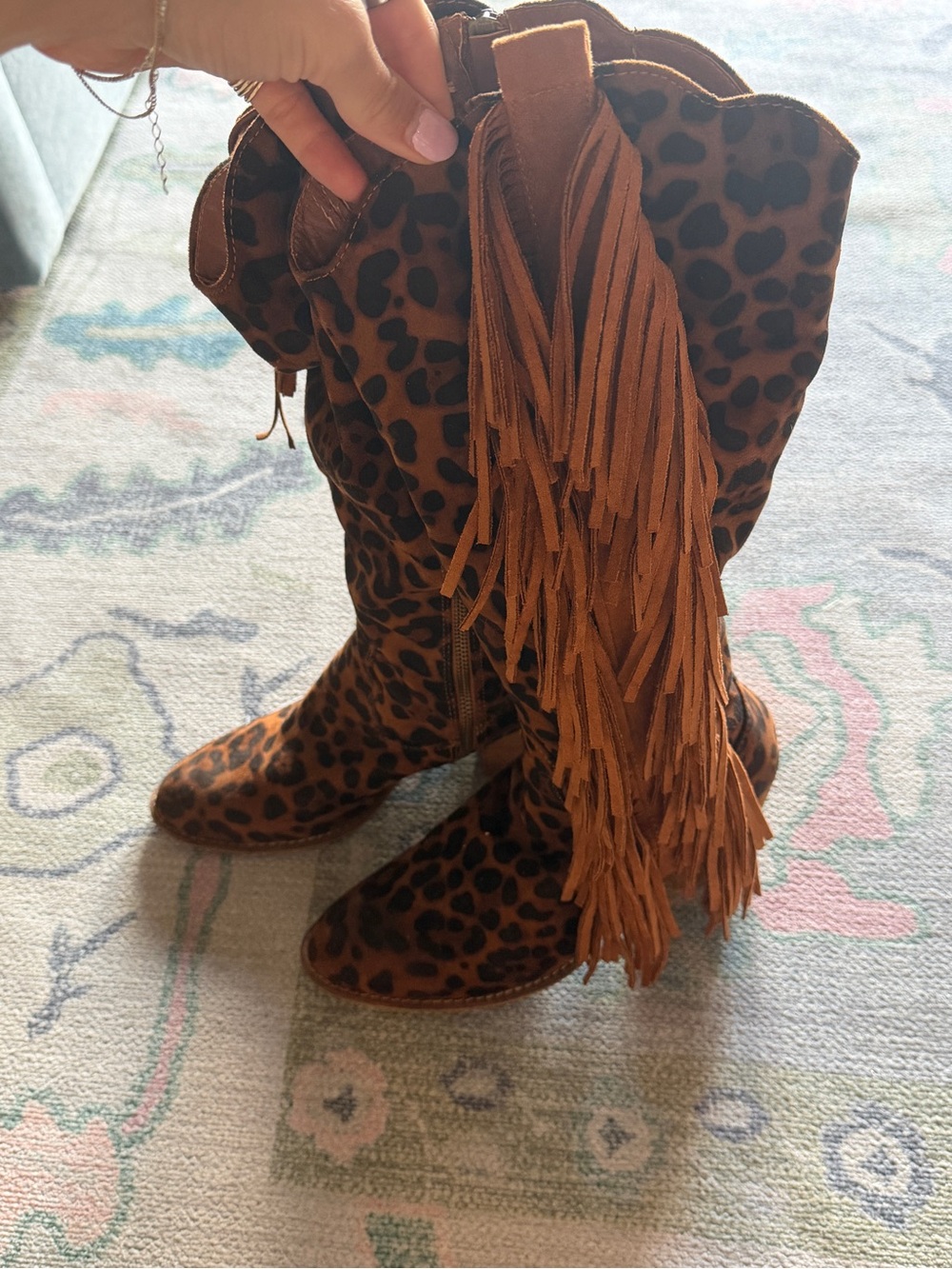 Leopard Print Fringe Western Boots - Brown